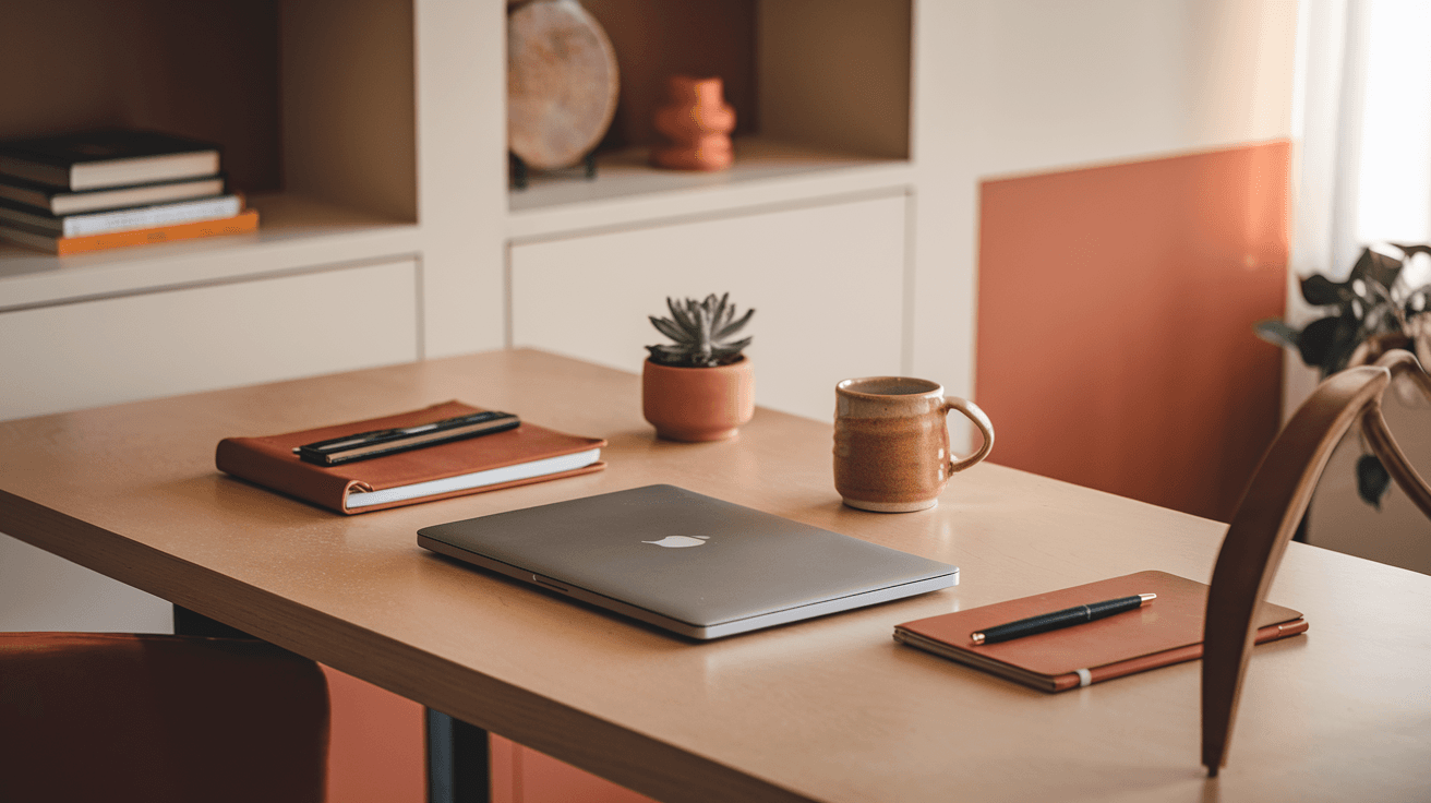 Clean, warm workspace with laptop, notebook, and coffee — the organized environment Maria creates for her clients